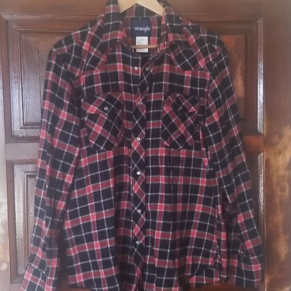 Black and orange Wrangler long sleeve flannel